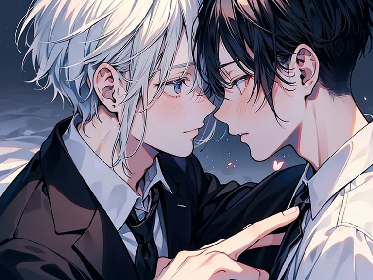 (Mastepiece), (Best Quality), Very detailed, ((two men intimate)), Perfect Face, Beautiful Face, Very detailed顔,(Black Haired Man:1.3),(Man with white hair:1.3),suit,shirt