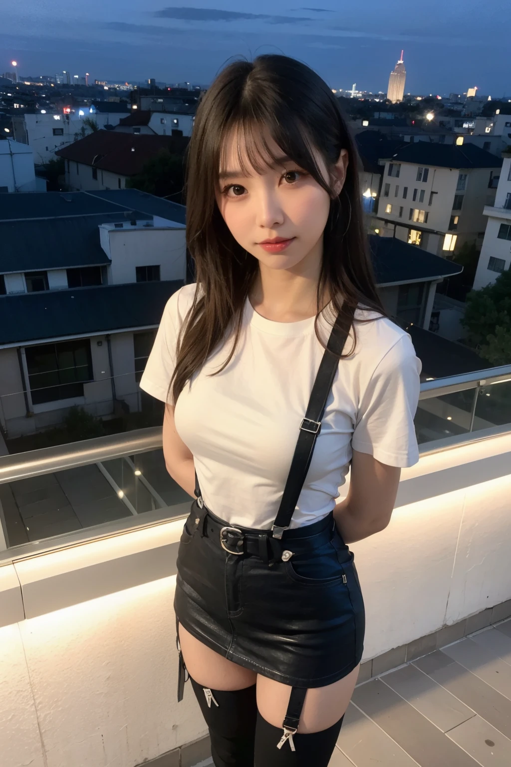 ((Midnight, highest quality, 8k, masterpiece :1.3)), whole body, Long legs, Sharp focus :1.2, Beautiful woman with perfect figure :1.4, Slim Abs :1.1, ((Dark brown hair, Big Breasts :1.2)), (White tight T-shirt, Jean Bib, Are standing:1.2), ((Night city view, rooftop:1.3)), Very detailedな顔と肌の質感, Fine grain, Double eyelids one girl,highest quality,masterpiece,figure,Very delicate and beautiful,CG,Unity,8k wallpaper,wonderful,In detail,masterpiece,Official Art,Very detailed CG Unity 8k wallpaper,Incredibly absurd,Large file size,Very detailedな,High resolution,Very detailed,Beautiful detailed girl,Realistic,from the front,Outdoor, suspenders Large swollen breasts Black mini skirt garter belt Knee-high socks bangs Beauty Hands up Black boots one person Dress shirt Hands Behind Back put your hands behind your back With your hands behind your back Armament holster A room at the Belt Hotel Bed Wall side