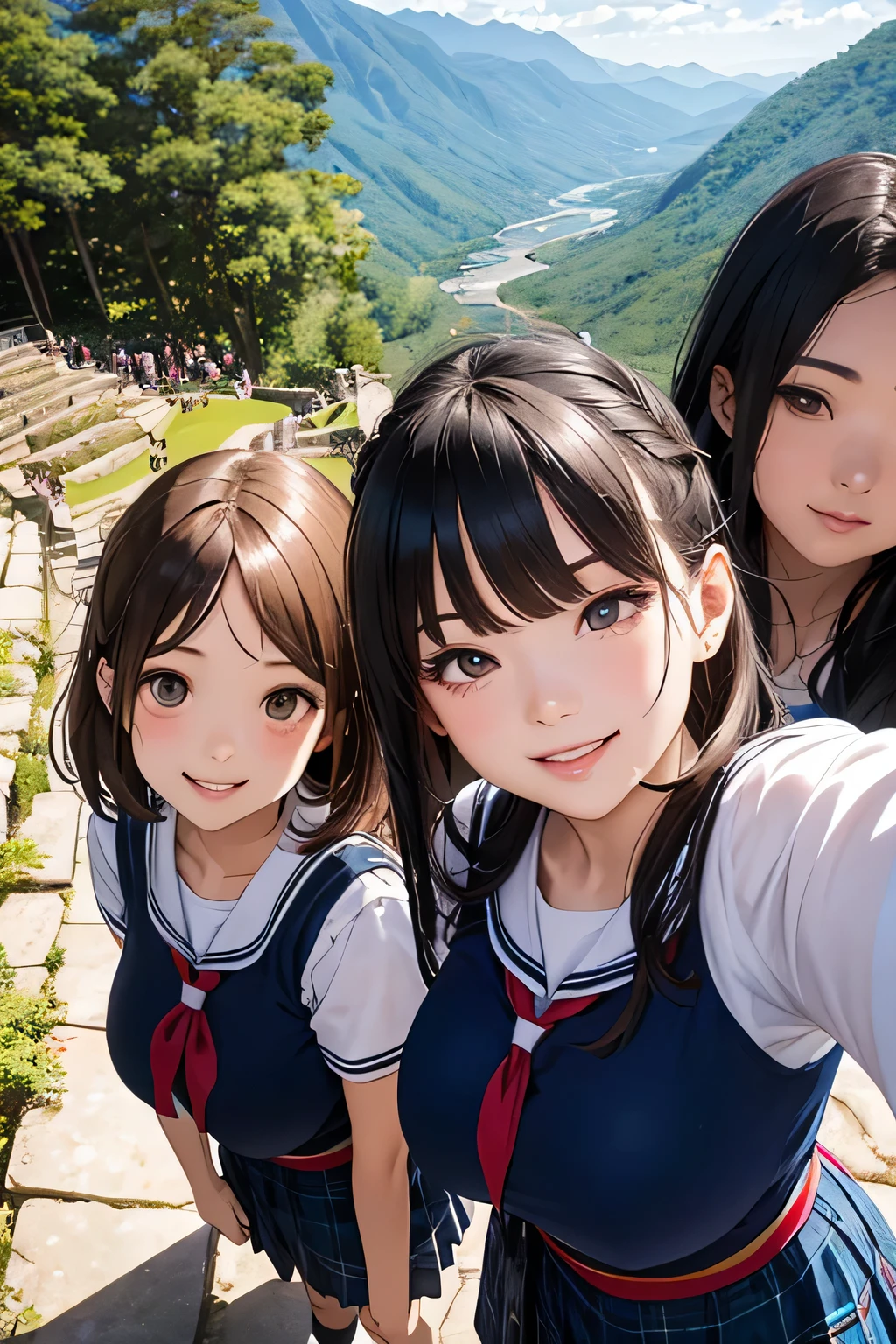 highest quality、High resolution、Detailed Background、(Beautiful face in every detail:1.4)、Anatomically correct、(Draw the usual number of fingers:1.2)、(Detailed facial expressions)、(Detailed eyes:1.2)、(Detailed eyes:1.2)、Beautiful, smooth skin、Beautiful girl in her 20s、(Huge breasts:1.3)、(Highly detailed face:1.4)、Brown Hair、Black Hair、ponytail、Bobcut、Braided long hair、Wavy Hairstyle、well-groomed eyebrows、Perfect body line、Sailor suit、light blue sailor color、Pleated skirt with tartan plaid pattern、Brightly colored school cardigans、White knee-high socks、In a joking manner、Machu Picchu Ruinysterious atmosphere、Cowboy Shot、
(Three beautiful girls standing side by side taking a selfie with big smiles:1.5)、
Lush Mountains々It is located in a beautiful location surrounded by、When the sun rises, the entire ruins shine in gold.、Clouds Mountain々The river flows through the area and envelops the ruins.、Ancient Inca stone structures come into view、
The stone steps and terraces are carefully arranged, and the higher you climb the more spectacular the views of the ruins become.、
From the top of Machu Picchu you can see a deep valley, a flowing river and a mountain range in the distance.々You can see the whole view、The lush terraces of the ruins and the sacred Inca symbols carved into the rocks blend seamlessly into nature.、At sunset, the sunlight shines on the mountain.々We will dye it.、
The orange and red lights reflect off the ruins, adding to the mysterious atmosphere.、
At night, the stars light up the ruins and the sky is filled with constellations.、
The wisdom of ancient civilizations and the mysteries of nature、Amazing beauty、people visiting々It is a place that inspires emotion and respect.、cute