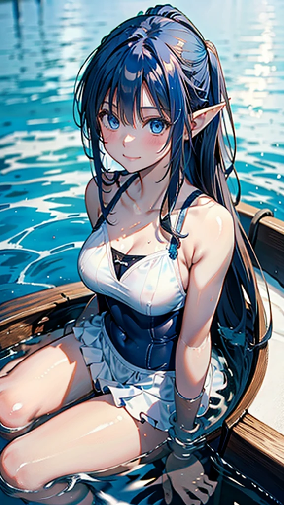 Beautiful girls,18 years old,smile, blue sky hair, blue eyes, ponytail, Sitting and playing water in mini boat, white swimming costume,beautiful elf girl, medium breasts,