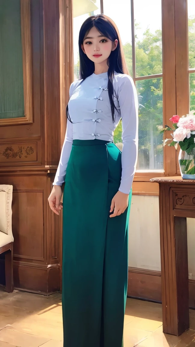 A picture of an elegant woman with beautiful long hair, decorated with a delicate jasmine vase, standing in a standing posture, charming body, high hips, The image draws the viewer in with the beautiful gazette of the grand library. expertly crafted; High-resolution digital painting reveals intricate details and evokes the beauty of emptiness and ingenuity. The warm light highlights her features and the soft c's on her face, while the soft background adds depth to the composition. Admirable craftsmanship (acmmsayarma outfi t, acmmsayarma white top with buttons, long sleeve es); (acmmsayarma green long skirt))