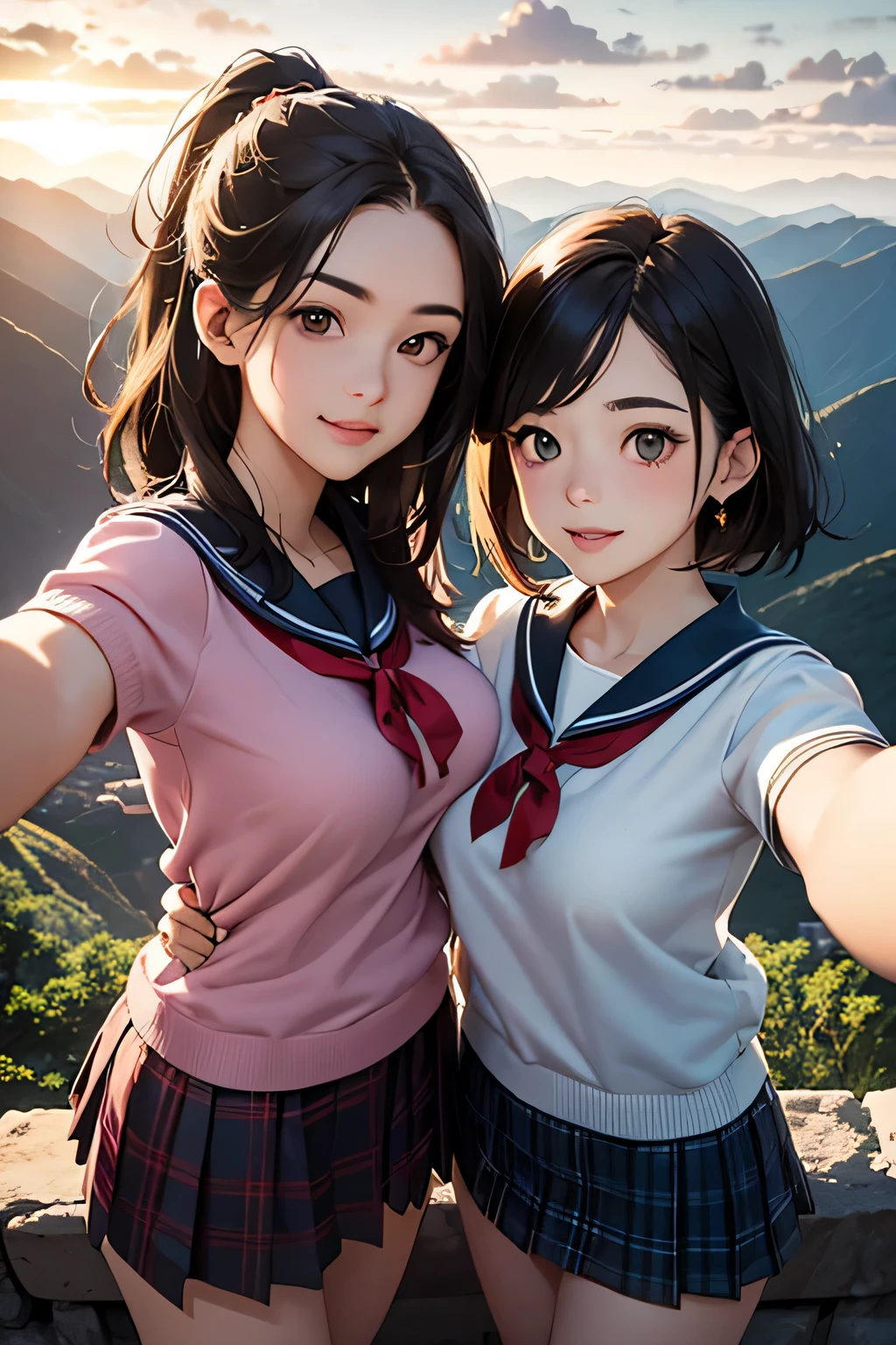 highest quality、High resolution、Detailed Background、(Beautiful face in every detail:1.4)、Anatomically correct、(Draw the usual number of fingers:1.2)、(Detailed facial expressions)、(Detailed eyes:1.2)、(Detailed eyes:1.2)、Beautiful, smooth skin、Beautiful girl in her 20s、(Huge breasts:1.3)、(Highly detailed face:1.4)、Brown Hair、Black Hair、ponytail、Bobcut、Braided long hair、Wavy Hairstyle、well-groomed eyebrows、Perfect body line、Sailor suit、light blue sailor color、Pleated skirt with tartan plaid pattern、Brightly colored school cardigans、White knee-high socks、In a joking manner、Machu Picchu Ruinysterious atmosphere、Cowboy Shot、
(Three beautiful girls standing side by side taking a selfie with big smiles:1.5)、
Lush Mountains々It is located in a beautiful location surrounded by、When the sun rises, the entire ruins shine in gold.、Clouds Mountain々The river flows through the area and envelops the ruins.、Ancient Inca stone structures come into view、
The stone steps and terraces are carefully arranged, and the higher you climb the more spectacular the views of the ruins become.、
From the top of Machu Picchu you can see a deep valley, a flowing river and a mountain range in the distance.々You can see the whole view、The lush terraces of the ruins and the sacred Inca symbols carved into the rocks blend seamlessly into nature.、At sunset, the sunlight shines on the mountain.々We will dye it.、
The orange and red lights reflect off the ruins, adding to the mysterious atmosphere.、
At night, the stars light up the ruins and the sky is filled with constellations.、
The wisdom of ancient civilizations and the mysteries of nature、Amazing beauty、people visiting々It is a place that inspires emotion and respect.、cute