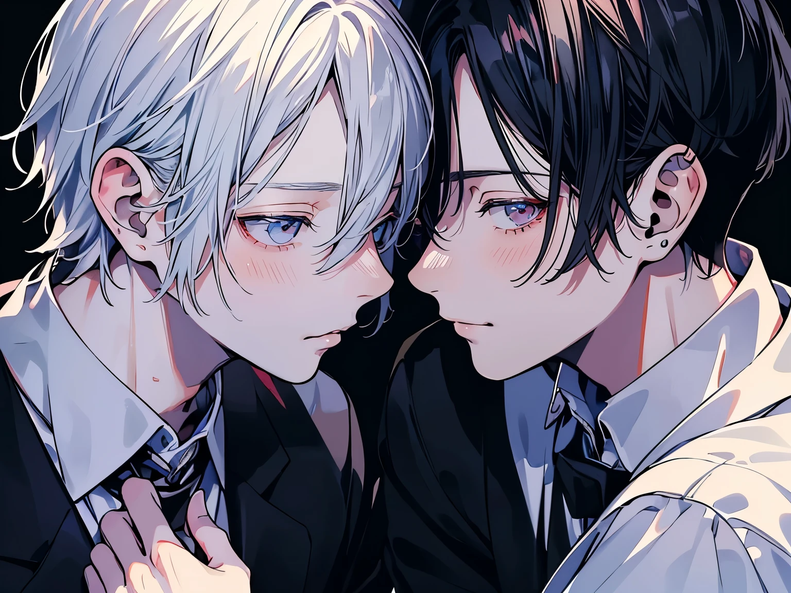 (Mastepiece), (Best Quality), Very detailed, ((two men intimate)), Perfect Face, Beautiful Face, Very detailed顔,(Black Haired Man:1.3),(Man with white hair:1.3),suit,shirt