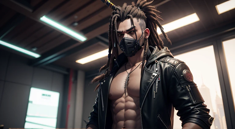 Best quality, 4k,3D, Unreal Engine, Momotaro, Cyberpunk, Male character, Sword, Long Hair, Dreadlock, Cyberpunk oni mask, Half zipper jacket, Cyberpunk Clothes
