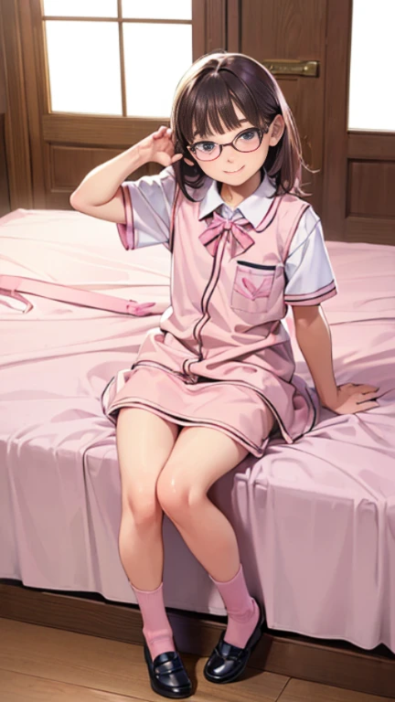 ((masterpiece)),((highest quality)),((Anatomical)),((Realistic)),((Detailed Description)),((cute)),((((Cute kids room for girls)))),(((1 kindergartener))),((Beautiful Eyes)),((Baby Face)),((Petite)),((Bewitching Smile)),(((Sportswear))),(((Glasses))),Full body view,((Low - Angle)),