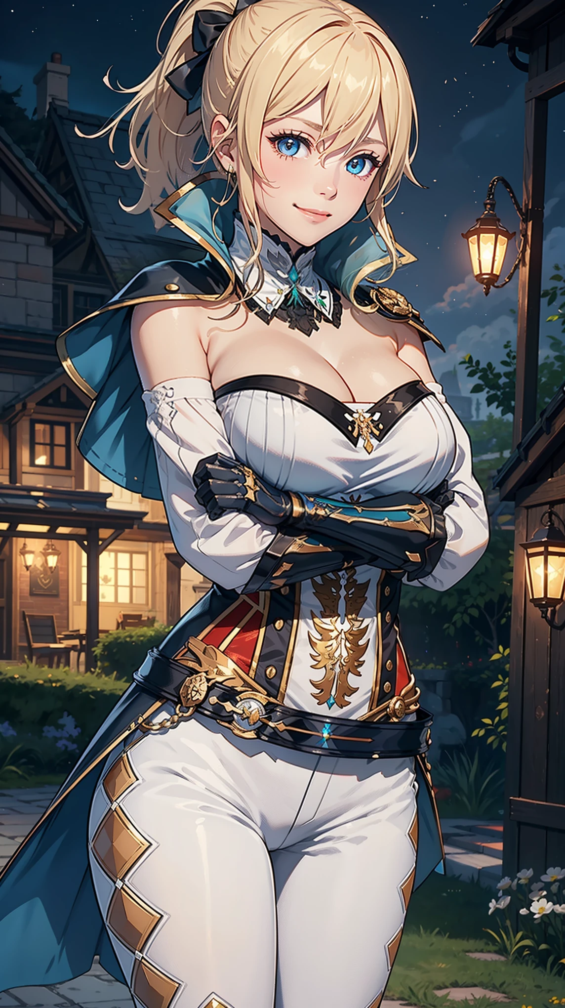 Masterpiece, ultra detail, high quality, 8k cg, gigantic breasts, jeanfavonian, night, blush, smile, bright eyes, standing, (eyes shining:1.5), detailed upper body, crossed arms,