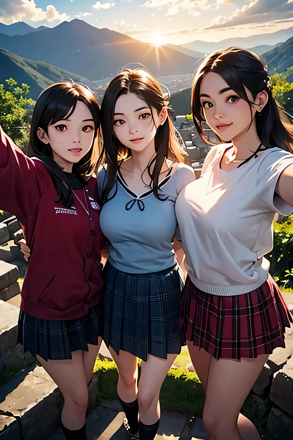 highest quality、High resolution、Detailed Background、(Beautiful face in every detail:1.4)、Anatomically correct、(Draw the usual number of fingers:1.2)、(Detailed facial expressions)、(Detailed eyes:1.2)、(Detailed eyes:1.2)、Beautiful, smooth skin、Beautiful girl in her 20s、(Huge breasts:1.3)、(Highly detailed face:1.4)、Brown Hair、Black Hair、ponytail、Bobcut、Braided long hair、Wavy Hairstyle、well-groomed eyebrows、Perfect body line、Sailor suit、light blue sailor color、Pleated skirt with tartan plaid pattern、Brightly colored school cardigans、White knee-high socks、In a joking manner、Machu Picchu Ruinysterious atmosphere、Cowboy Shot、
(Three beautiful girls standing side by side taking a selfie with big smiles:1.5)、
Lush Mountains々It is located in a beautiful location surrounded by、When the sun rises, the entire ruins shine in gold.、Clouds Mountain々The river flows through the area and envelops the ruins.、Ancient Inca stone structures come into view、
The stone steps and terraces are carefully arranged, and the higher you climb the more spectacular the views of the ruins become.、
From the top of Machu Picchu you can see a deep valley, a flowing river and a mountain range in the distance.々You can see the whole view、The lush terraces of the ruins and the sacred Inca symbols carved into the rocks blend seamlessly into nature.、At sunset, the sunlight shines on the mountain.々We will dye it.、
The orange and red lights reflect off the ruins, adding to the mysterious atmosphere.、
At night, the stars light up the ruins and the sky is filled with constellations.、
The wisdom of ancient civilizations and the mysteries of nature、Amazing beauty、people visiting々It is a place that inspires emotion and respect.、cute