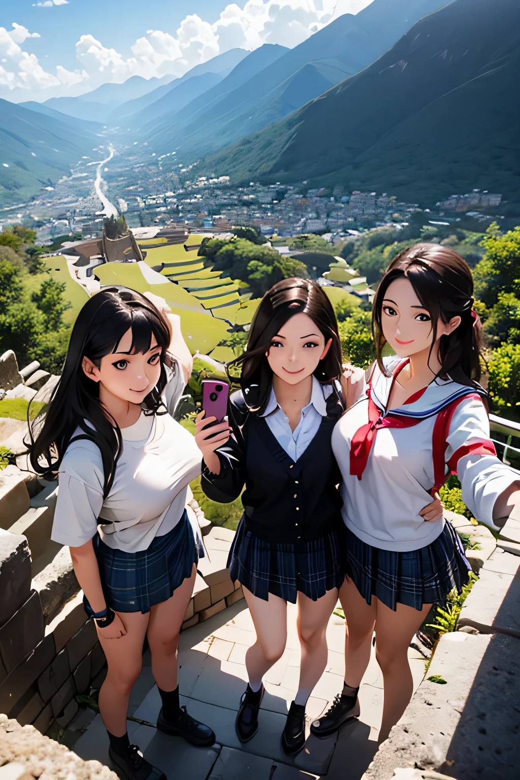 highest quality、High resolution、Detailed Background、(Beautiful face in every detail:1.4)、Anatomically correct、(Draw the usual number of fingers:1.2)、(Detailed facial expressions)、(Detailed eyes:1.2)、(Detailed eyes:1.2)、Beautiful, smooth skin、Beautiful girl in her 20s、(Huge breasts:1.3)、(Highly detailed face:1.4)、Brown Hair、Black Hair、ponytail、Bobcut、Braided long hair、Wavy Hairstyle、well-groomed eyebrows、Perfect body line、Sailor suit、light blue sailor color、Pleated skirt with tartan plaid pattern、Brightly colored school cardigans、White knee-high socks、In a joking manner、Machu Picchu Ruinysterious atmosphere、Cowboy Shot、
(Three beautiful girls standing side by side taking a selfie with big smiles:1.5)、
Lush Mountains々It is located in a beautiful location surrounded by、When the sun rises, the entire ruins shine in gold.、Clouds Mountain々The river flows through the area and envelops the ruins.、Ancient Inca stone structures come into view、
The stone steps and terraces are carefully arranged, and the higher you climb the more spectacular the views of the ruins become.、
From the top of Machu Picchu you can see a deep valley, a flowing river and a mountain range in the distance.々You can see the whole view、The lush terraces of the ruins and the sacred Inca symbols carved into the rocks blend seamlessly into nature.、At sunset, the sunlight shines on the mountain.々We will dye it.、
The orange and red lights reflect off the ruins, adding to the mysterious atmosphere.、
At night, the stars light up the ruins and the sky is filled with constellations.、
The wisdom of ancient civilizations and the mysteries of nature、Amazing beauty、people visiting々It is a place that inspires emotion and respect.、cute