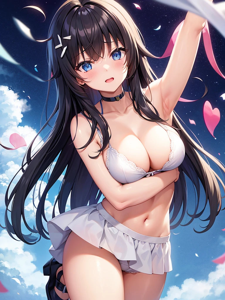 {creation、high resolution、high quality}、Black Hair、long hair、Blue Eyes、Striptease、Big breasted angel、White bra、drop、naked、Embarrassed face、
