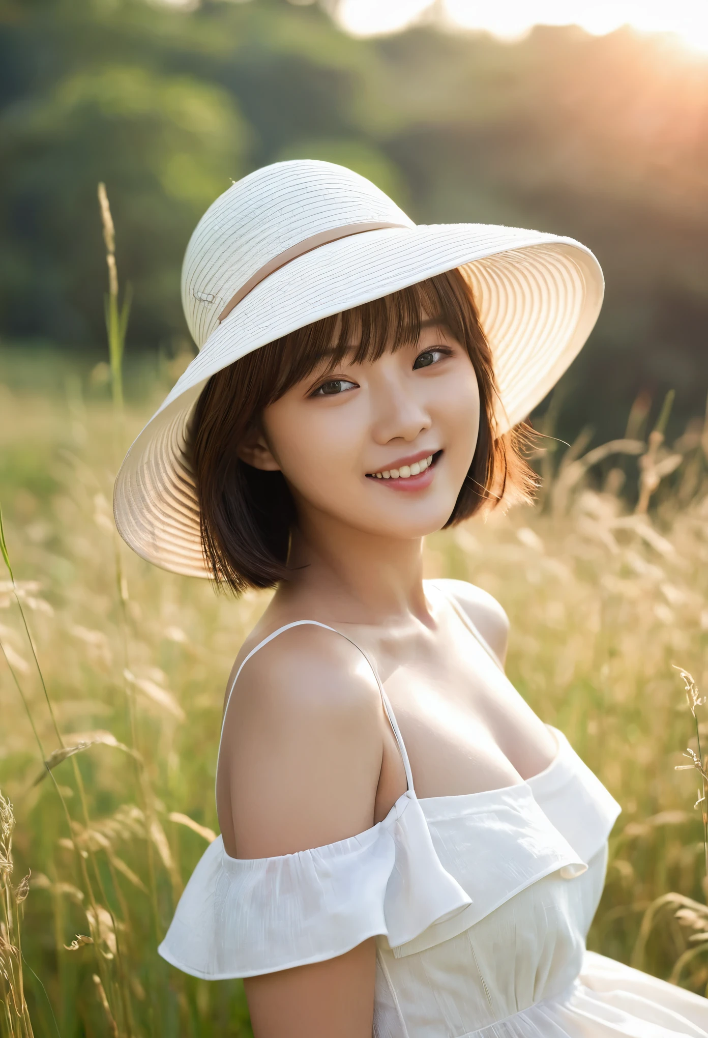 Masterpiece, highest quality, 1 girl, solo, 18 years old, beautiful korean girl, {beautiful and delicate eyes}, short hair, brown hair, flat bangs, big breasts, calm expression, natural soft light, delicate facial features , seductive human face, smiling eyes, open lips, looking at the viewer, normal body structure, correct proportions, perfect hands, (wearing a white dress and a sun hat:1.3), sexy model pose, seductive body shape, sweaty skin, film grain, cleavage exposed, real, (basking in the sunset in the grassy thicket:1.3)