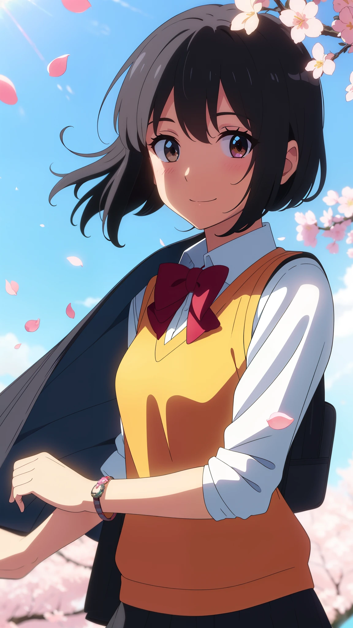 shinkai makoto, kimi no na wa., 1girl, bangs, black hair, blush, bright eyes, brown eyes, headband, looking at the viewer, red bow, red headband, red ribbon, , shirt, sweater vest, vest, white shirt, yellow sweater vest, yellow vest, skirt, blue skirt, short sleeves, short hair, medium breasts, solo, day, outdoors, shiny skin, standing, shadow, smile, happy, bracelet, cherry_blossoms, falling_petals, petals, branch, pink_flower, blue_sky, sunlight, spring_season, wind, tree, Upper body portrait