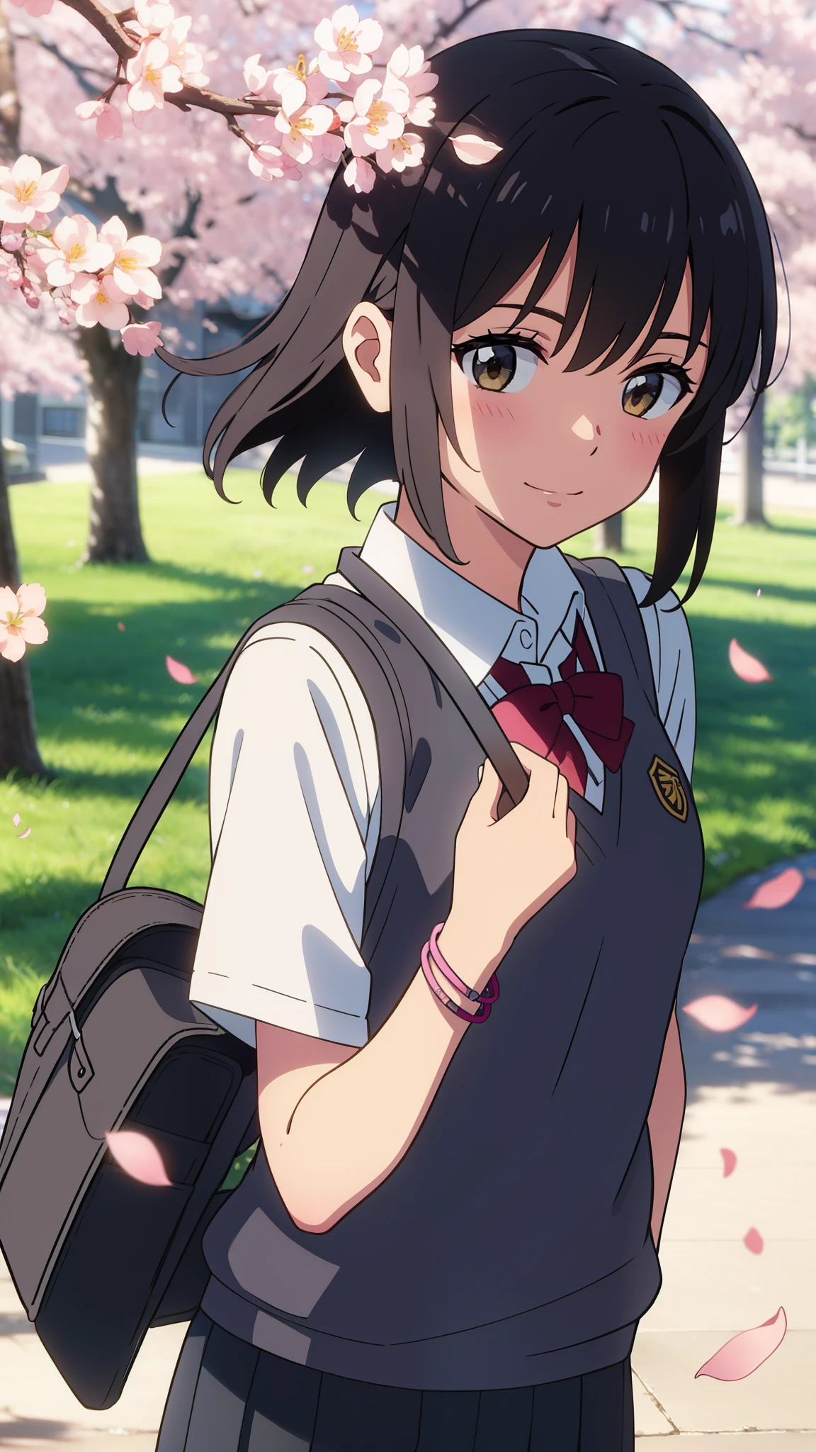 shinkai makoto, kimi no na wa., 1girl, bangs, black hair, blush, bright eyes, brown eyes, headband, looking at the viewer, red bow, red headband, red ribbon, , shirt, sweater vest, vest, white shirt, yellow sweater vest, yellow vest, skirt, blue skirt, short sleeves, short hair, medium breasts, solo, day, outdoors, shiny skin, standing, shadow, smile, happy, bracelet, cherry_blossoms, falling_petals, petals, branch, pink_flower, blue_sky, sunlight, spring_season, wind, tree, Upper body portrait