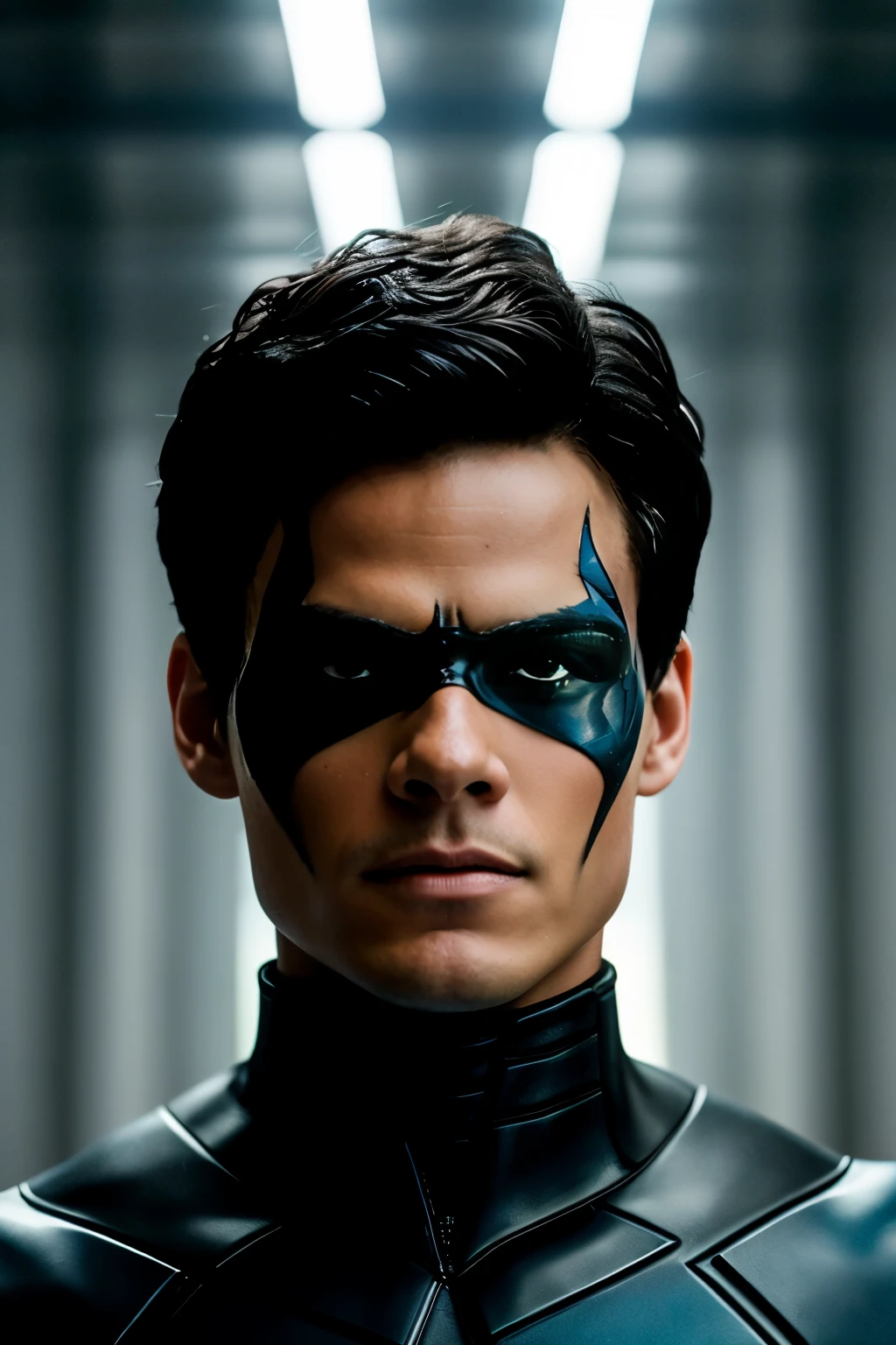 Nightwing as Dylan O'brien, alta tecnologia, hiper-realista, detalhes insanos, traje Hiperealista, linhas extremamente limpas, dark aesthetic, uma obra-prima, sangue no rosto 