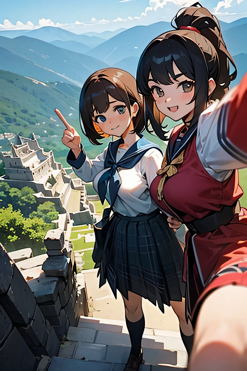 highest quality、High resolution、Detailed Background、(Beautiful face in every detail:1.4)、Anatomically correct、(Draw the usual number of fingers:1.2)、(Detailed facial expressions)、(Detailed eyes:1.2)、(Detailed eyes:1.2)、Beautiful, smooth skin、Beautiful girl in her 20s、(Huge breasts:1.3)、(Highly detailed face:1.4)、Brown Hair、Black Hair、ponytail、Bobcut、Braided long hair、Wavy Hairstyle、well-groomed eyebrows、Perfect body line、Sailor suit、light blue sailor color、Pleated skirt with tartan plaid pattern、Brightly colored school cardigans、White knee-high socks、In a joking manner、Machu Picchu Ruinysterious atmosphere、Cowboy Shot、
(Three beautiful girls standing side by side taking a selfie with big smiles:1.5)、
Lush Mountains々It is located in a beautiful location surrounded by、When the sun rises, the entire ruins shine in gold.、Clouds Mountain々The river flows through the area and envelops the ruins.、Ancient Inca stone structures come into view、
The stone steps and terraces are carefully arranged, and the higher you climb the more spectacular the views of the ruins become.、
From the top of Machu Picchu you can see a deep valley, a flowing river and a mountain range in the distance.々You can see the whole view、The lush terraces of the ruins and the sacred Inca symbols carved into the rocks blend seamlessly into nature.、At sunset, the sunlight shines on the mountain.々We will dye it.、
The orange and red lights reflect off the ruins, adding to the mysterious atmosphere.、
At night, the stars light up the ruins and the sky is filled with constellations.、
The wisdom of ancient civilizations and the mysteries of nature、Amazing beauty、people visiting々It is a place that inspires emotion and respect.、cute
