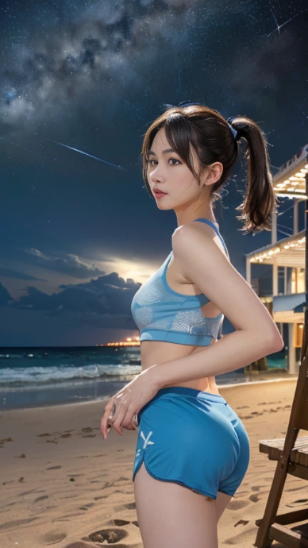 ((masterpiece)), (highest quality), 23 years old,Very detailed, finely, (High resolution), (8k), ((完璧なFront viewcomposition)), (Natural color lip),(Side Ponytail:1.3),(((Standing facing forward on the beach at night, look at me))),((Printed Tank Top)),((Light blue fitness shorts)),((From the whole body to the toes:1.3)),((完璧なFront view)),((The magnificent Milky Way floating in the night sky)),((Natural pose)),,((Front view)),((Normal size buttocks)),((Ample breasts)),((Full and firm breasts)),(look at me微笑む),