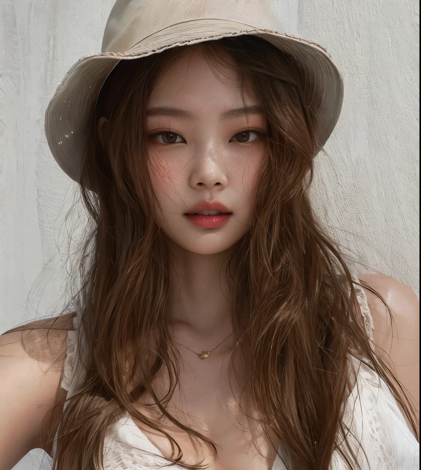 a woman wearing a black hat and a white tank top, popular korean makeup, beautiful south korean woman, beautiful young korean woman, popular south korean makeup, lee ji - eun, lee ji-eun, gorgeous young korean woman, korean women's fashion model, heonhwa choe, hwang se - on, female actress from korea, wavy shoulder-length hair