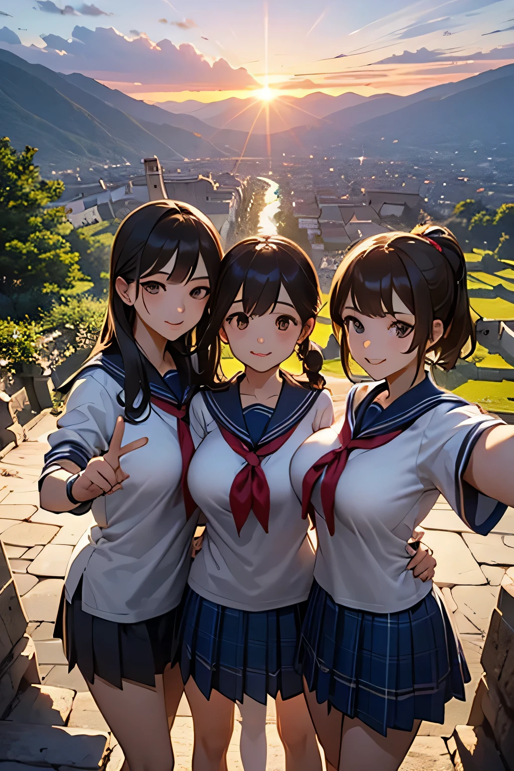 highest quality、High resolution、Detailed Background、(Beautiful face in every detail:1.4)、Anatomically correct、(Draw the usual number of fingers:1.2)、(Detailed facial expressions)、(Detailed eyes:1.2)、(Detailed eyes:1.2)、Beautiful, smooth skin、Beautiful girl in her 20s、(Huge breasts:1.3)、(Highly detailed face:1.4)、Brown Hair、Black Hair、ponytail、Bobcut、Braided long hair、Wavy Hairstyle、well-groomed eyebrows、Perfect body line、Sailor suit、light blue sailor color、Pleated skirt with tartan plaid pattern、Brightly colored school cardigans、White knee-high socks、In a joking manner、Machu Picchu Ruinysterious atmosphere、Cowboy Shot、

(Three beautiful girls standing side by side taking a selfie with big smiles:1.5)、

Lush Mountains々It is located in a beautiful location surrounded by、When the sun rises, the entire ruins shine in gold.、Clouds Mountain々The river flows through the area and envelops the ruins.、Ancient Inca stone structures come into view、
The stone steps and terraces are carefully arranged, and the higher you climb the more spectacular the views of the ruins become.、
From the top of Machu Picchu you can see a deep valley, a flowing river and a mountain range in the distance.々You can see the whole view、The lush terraces of the ruins and the sacred Inca symbols carved into the rocks blend seamlessly into nature.、At sunset, the sunlight shines on the mountain.々We will dye it.、
The orange and red lights reflect off the ruins, adding to the mysterious atmosphere.、
At night, the stars light up the ruins and the sky is filled with constellations.、
The wisdom of ancient civilizations and the mysteries of nature、Amazing beauty、people visiting々It is a place that inspires emotion and respect.、cute