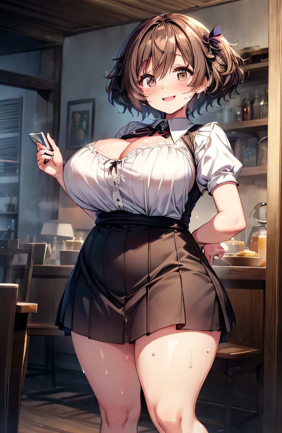 Anime illustration、highest quality、A short and plump female waiter、Dirndl、pastel colour、Via、Perfect proportions、overwhelmingly big breasts、Thick legs、Beautiful, shining eyes、Cowboy Shot、smile、Excessive sweating、Noise Reduction