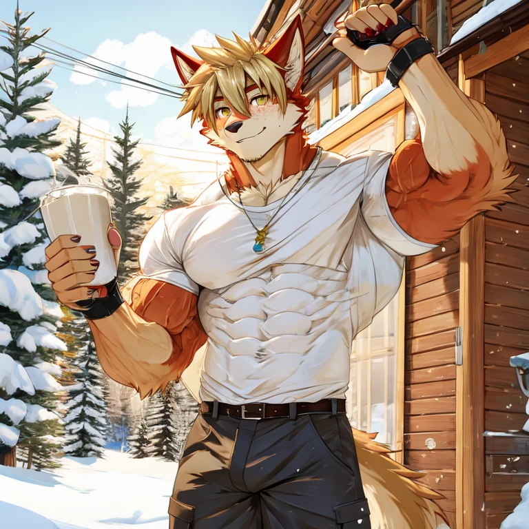 (masterpiece, Best quality:1.2), very young wolf boy, in shirts, winter, body covered in red fur, Furry style, sexual, horny, very muscular wild ,full height,very short blond hair,freckles on the body and face,amber eyes,defined muscles,sharp focus, friendly