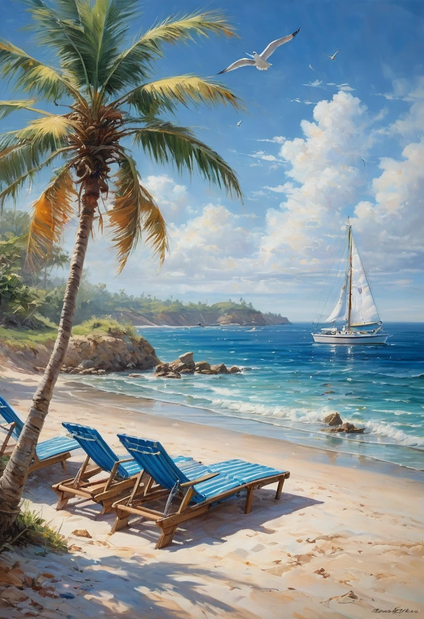 Blue Coast, a beautiful coastline overlooking the deep blue ocean, sandy beaches and crashing waves, palm trees swaying in the gentle breeze, clear blue skies with fluffy white clouds, a lone sailboat in the distance, sparkling sunlight reflecting on the water, seashells scattered on the beach, children building sandcastles, seagulls soaring in the sky, a small beachside cafe serving refreshing drinks, vibrant and saturated colors, soft and warm sunlight, a peaceful and serene atmosphere, a sense of tranquility and relaxation (best quality,ultra-detailed,highres,professional:1.2),coastal landscape,photorealistic,exquisite brushwork,subtle textures and details,layers of vibrant colors,emphasizing the beauty of the ocean, capturing the essence of a summer beach day