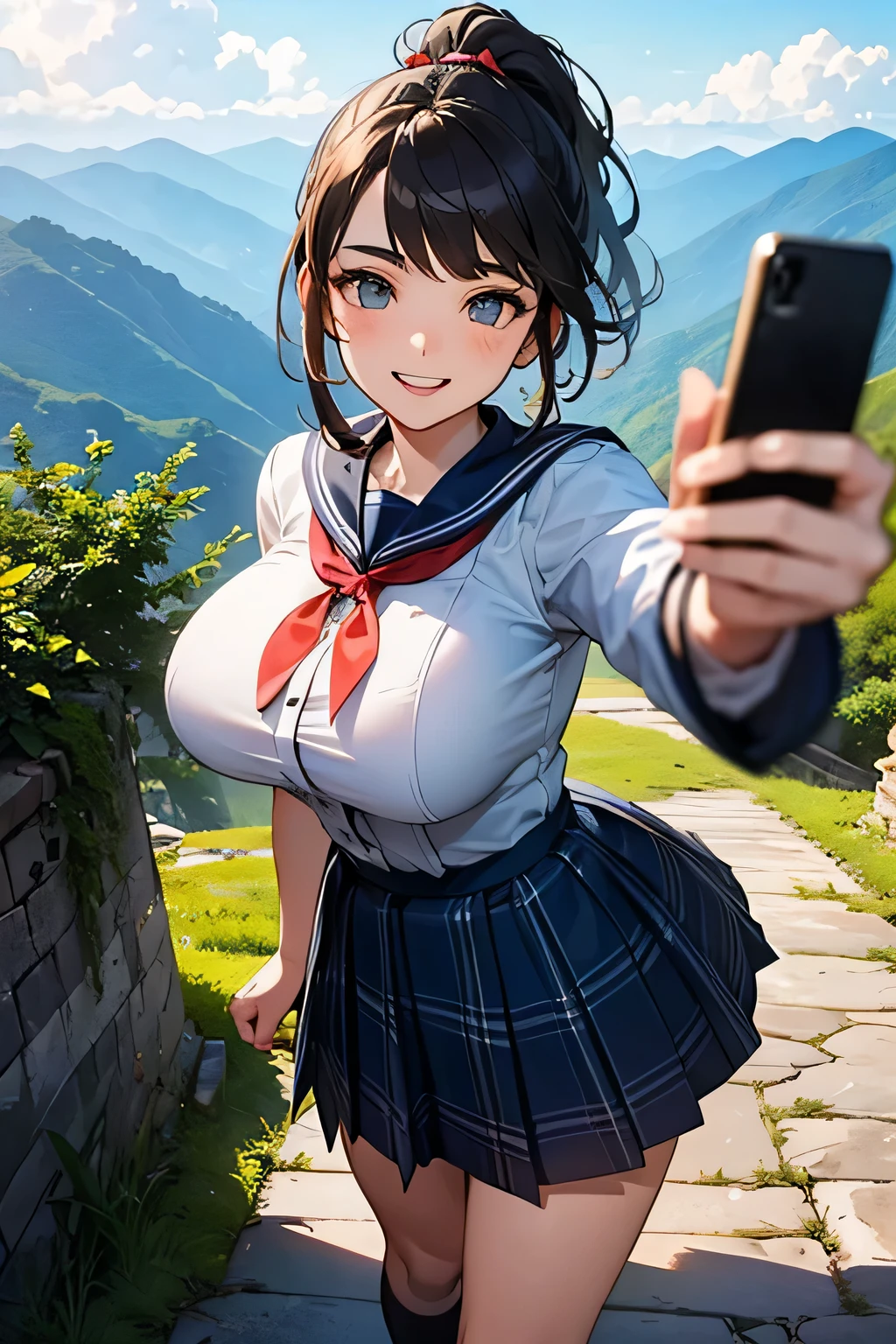 highest quality、High resolution、Detailed Background、(Beautiful face in every detail:1.4)、Anatomically correct、(Draw the usual number of fingers:1.2)、(Detailed facial expressions)、(Detailed eyes:1.2)、(Detailed eyes:1.2)、Beautiful, smooth skin、Beautiful girl in her 20s、(Huge breasts:1.3)、(Highly detailed face:1.4)、Brown Hair、Black Hair、ponytail、Bobcut、Braided long hair、Wavy Hairstyle、well-groomed eyebrows、Perfect body line、Sailor suit、light blue sailor color、Pleated skirt with tartan plaid pattern、Brightly colored school cardigans、White knee-high socks、In a joking manner、Machu Picchu Ruinysterious atmosphere、Cowboy Shot、

(Three beautiful girls standing side by side taking a selfie with big smiles:1.5)、

Lush Mountains々It is located in a beautiful location surrounded by、When the sun rises, the entire ruins shine in gold.、Clouds Mountain々The river flows through the area and envelops the ruins.、Ancient Inca stone structures come into view、
The stone steps and terraces are carefully arranged, and the higher you climb the more spectacular the views of the ruins become.、
From the top of Machu Picchu you can see a deep valley, a flowing river and a mountain range in the distance.々You can see the whole view、The lush terraces of the ruins and the sacred Inca symbols carved into the rocks blend seamlessly into nature.、At sunset, the sunlight shines on the mountain.々We will dye it.、
The orange and red lights reflect off the ruins, adding to the mysterious atmosphere.、
At night, the stars light up the ruins and the sky is filled with constellations.、
The wisdom of ancient civilizations and the mysteries of nature、Amazing beauty、people visiting々It is a place that inspires emotion and respect.、cute