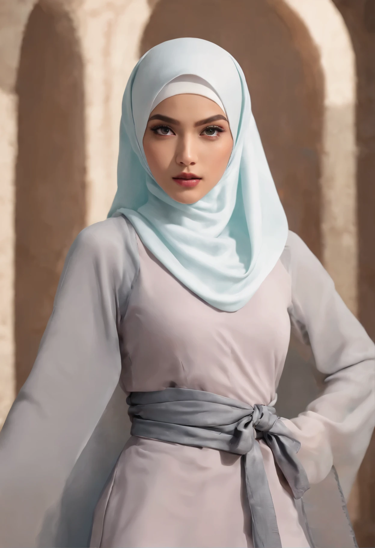 Capture the intensity of a magical battle within 2 Malay girl in hijab. Freeze the moment as she wields powerful spells or martial arts moves against mystical adversaries. Utilize dynamic angles and fast shutter speed to convey the action, 35mm, over-the-shoulder shot,cool-toned color grading, depth of field cinematography effect, Natural Lighting, high quality, ultra detail, 8k resolution,