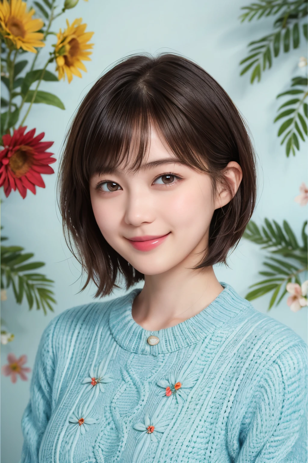 215 Short Hair, 20-year-old woman, A kind smile, Floral