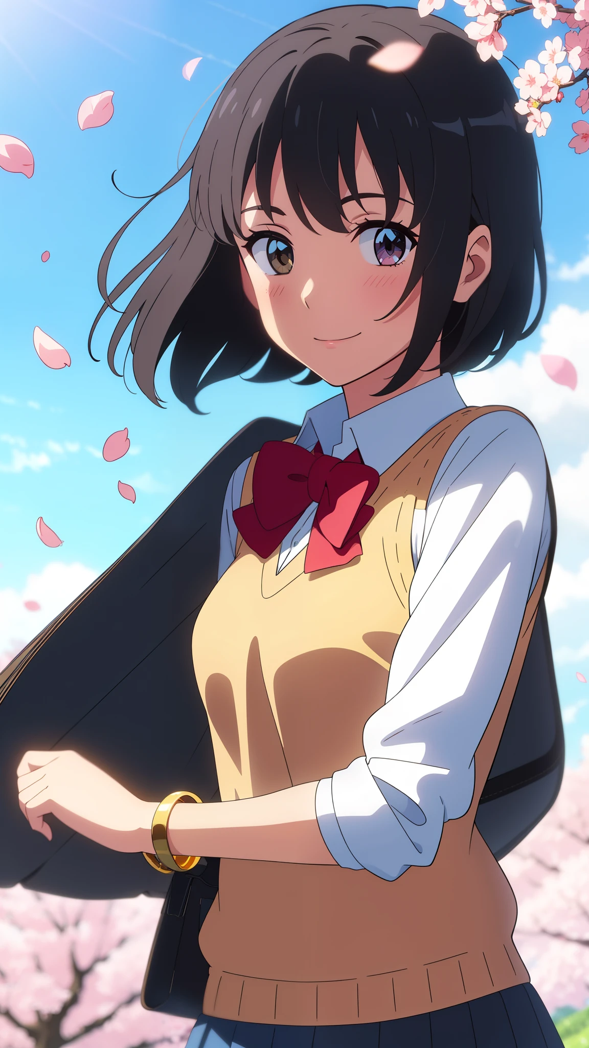 shinkai makoto, kimi no na wa., 1girl, bangs, black hair, blush, bright eyes, brown eyes, headband, looking at the viewer, red bow, red headband, red ribbon, , shirt, sweater vest, vest, white shirt, yellow sweater vest, yellow vest, skirt, blue skirt, short sleeves, short hair, medium breasts, solo, day, outdoors, shiny skin, standing, shadow, smile, happy, bracelet, cherry_blossoms, falling_petals, petals, branch, pink_flower, blue_sky, sunlight, spring_season, wind, tree, Upper body portrait