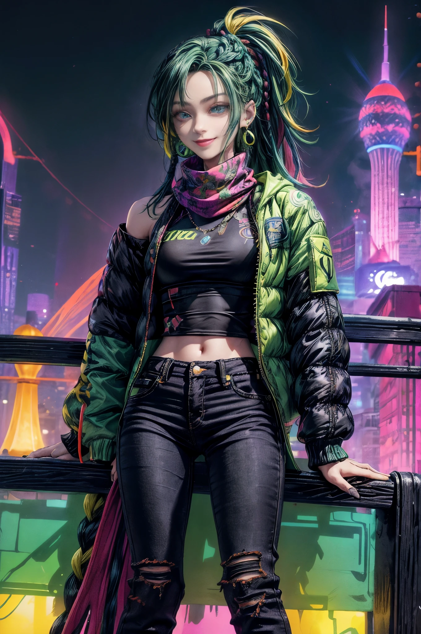 Cinema Lighting、highest quality,Cyberpunk World、1 female、Black Theme、(19-year-old beauty、Small breasts、Slender body、blue eyes)(Black and green hair、Braided Hairstyles、Shoulder-length hair:1.2)(Greet with a smile:1.4)、break.(Moss Green Hair)((rainbow urban chic) theme:1.0), (brightly colored puffer jacket over a rainbow print tee, matched with black jeans and vibrant sneakers:1.2), (complemented with a statement rainbow scarf and colorful stud earrings:1.1),( )break、 Portrait Angle、stand(Lawn in the park at night)