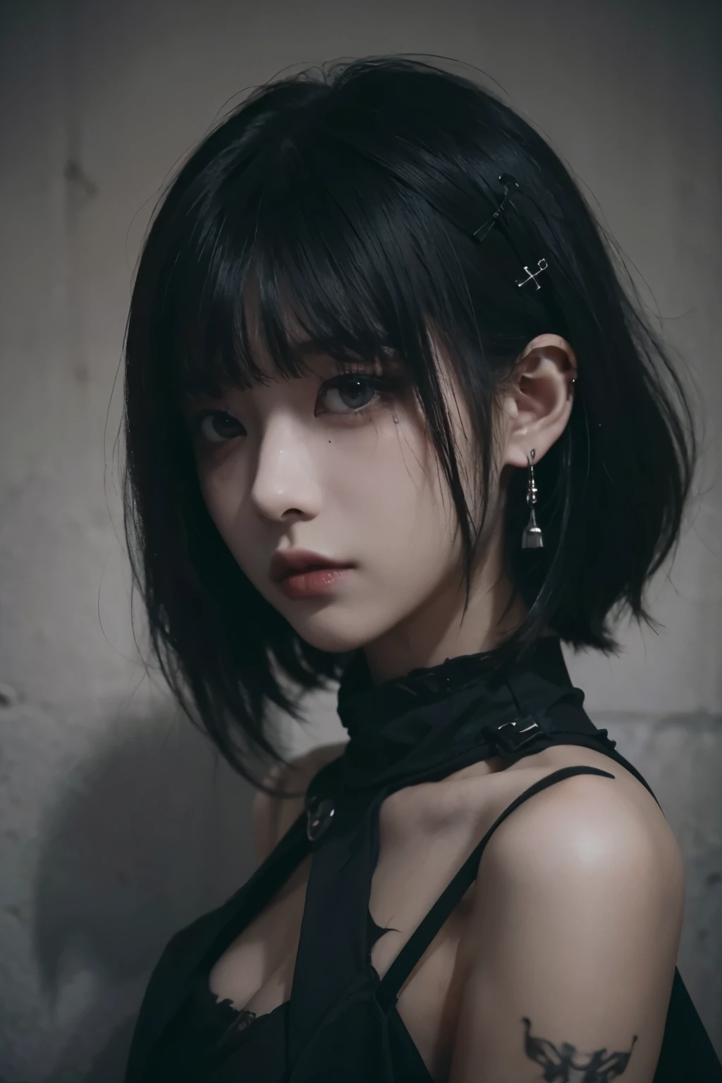 Goth Fashion, Dystopia, tokyo, minimum, harmony, tranquility, Detailed concrete wall, cinematic light, side light, 1 girl, slender, Medium Hair, diffused natural skin glow, bangs, Deep Shadow, Gothic Punk, masterpiece, highest quality, RAW Photos, sigma 50mm f1.4, candytt, 24-years-old