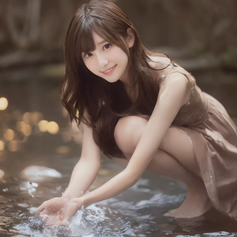 Put your hands in the water、A kneeling woman in her fifties, realistic 若いグラビアIdol, 若くて可愛いグラビアIdol, cute beautiful, Beautiful Japanese girl face, Beautiful Asian Girl, Japanese Model,Idol、 Gentle smile, 若手官能グラビアIdol, 若いグラビアIdol, Beautiful cute, Young and pretty girl, Very beautiful photos、looking at the camera、Wearing a one-piece dresini skirt