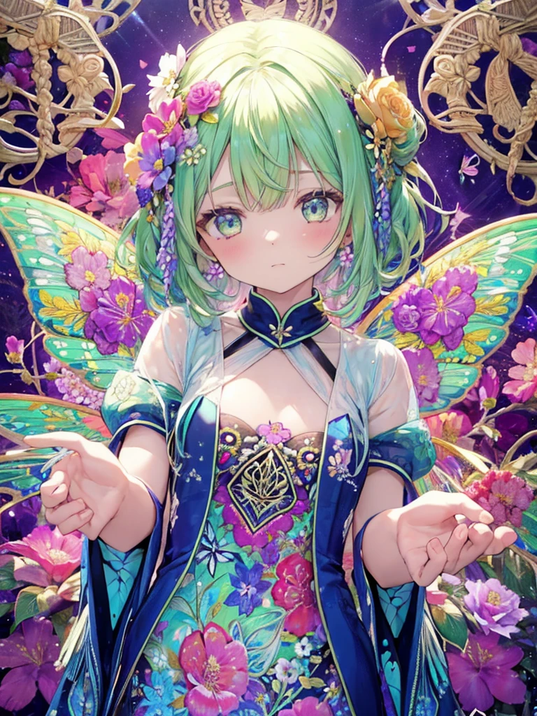 a beauty girl, Cute, Cute, Transparent, Beautiful, glinting, Leprechaun、Innocence, talent,Butterfly wings, tinker bell, Gentle, florals, Radiant, splatter step piece, Best Quality, of the highest quality, Official art, Beautiful and aesthetic: 1.2), (One girl: 1.3), Very detailed, (Fractal Art: 1.1), (Colorful: 1.1) (Floral pattern: 1.3) , Highest detail, (Zentangle: 1.2), (Dynamic Pose), (Abstract background: 1), (floral embroidery: 1.4), (Glossy skin), (Polychromatic: 1.4), Upper body, Hair Ornament