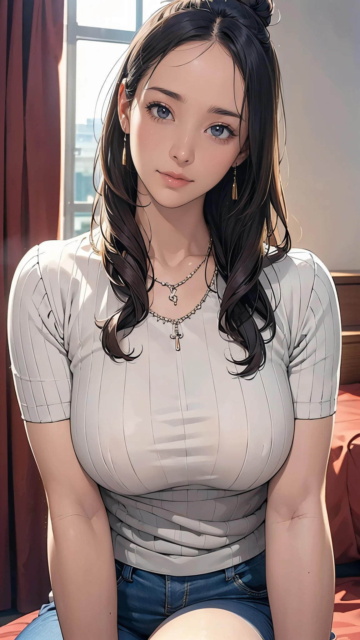 (masterpiece:1.2, highest quality), (Realistic, photoRealistic:1.4), Beautiful illustrations, (Natural Side Lighting, Cinema Lighting), Written boundary depth, Beautiful thighs staring at the viewer, (Face Focus, Upper Body), 1 female,20-year-old,alone,(With background:Hotel Rooms) , thin, slender, Long Hair, Curly Hair, Bun Hair, Forehead, Forehead, Forehead, thin, slender, Earrings, necklace, sweater, jeans, Are standing, ((Close-up)), ((Close-up)), ((Close-up))