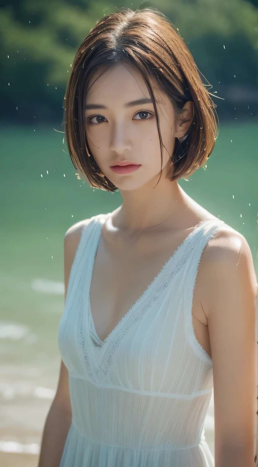 ((highest quality, 8k, masterpiece:1.3,high resolution)), concentrated:1.2, Perfect body beauty:1.4, Hips:1.2, ((Layered Haircut, chest:1.2)), (Wet clothes:1.2) , (rain, Seaside:1.3), Bandeau dress: 1.1, Highly detailed face and skin texture, Beautiful Eyes, double eyelid, Beautiful Skin, Long Hair, 、Perfect Anatomy、Beautiful Skin、(gravure: 1.3、Professional photography)