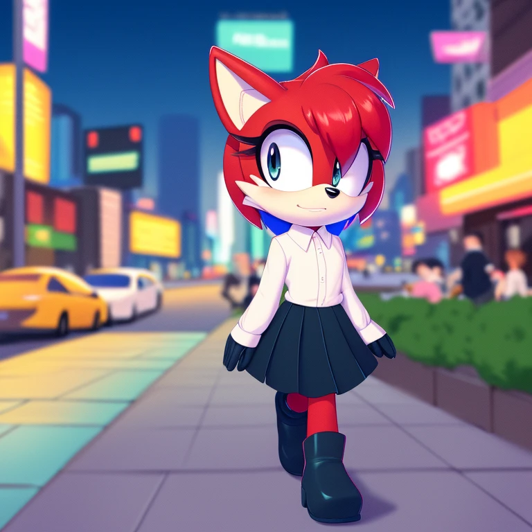 score_9, score_8_up, mobian, fox, 1girl, solo, red fur, red hair, blue highlights, streaked hair, (half-rim) glasses, grey eyes, bob cut, swept bangs, pleated skirt, black skirt, grey pantyhose, sheer pantyhose, fishnet sleeves, black boots, city, crowded, on sidewalk, expressionless, walking