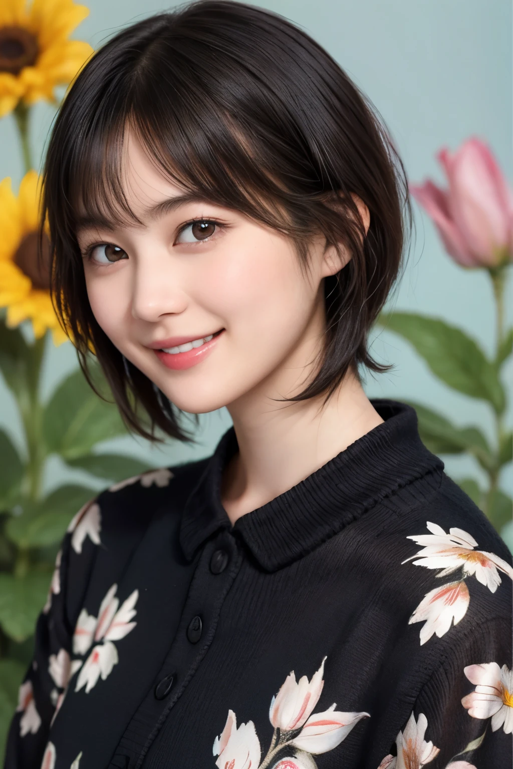 215 Short Hair, 20-year-old woman, A kind smile, Floral