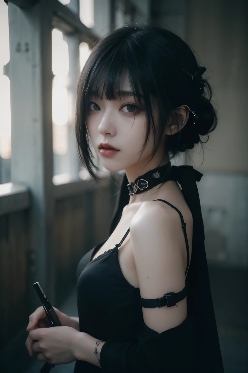 upper body, Goth Fashion, Dystopia, tokyo, minimum, harmony, tranquility, Detailed concrete wall, cinematic light, side light, 1 girl, slender, Medium Hair, diffused natural skin glow, bangs, Deep Shadow, Gothic Punk, masterpiece, highest quality, RAW Photos, sigma 50mm f1.4, candytt, 24-years-old