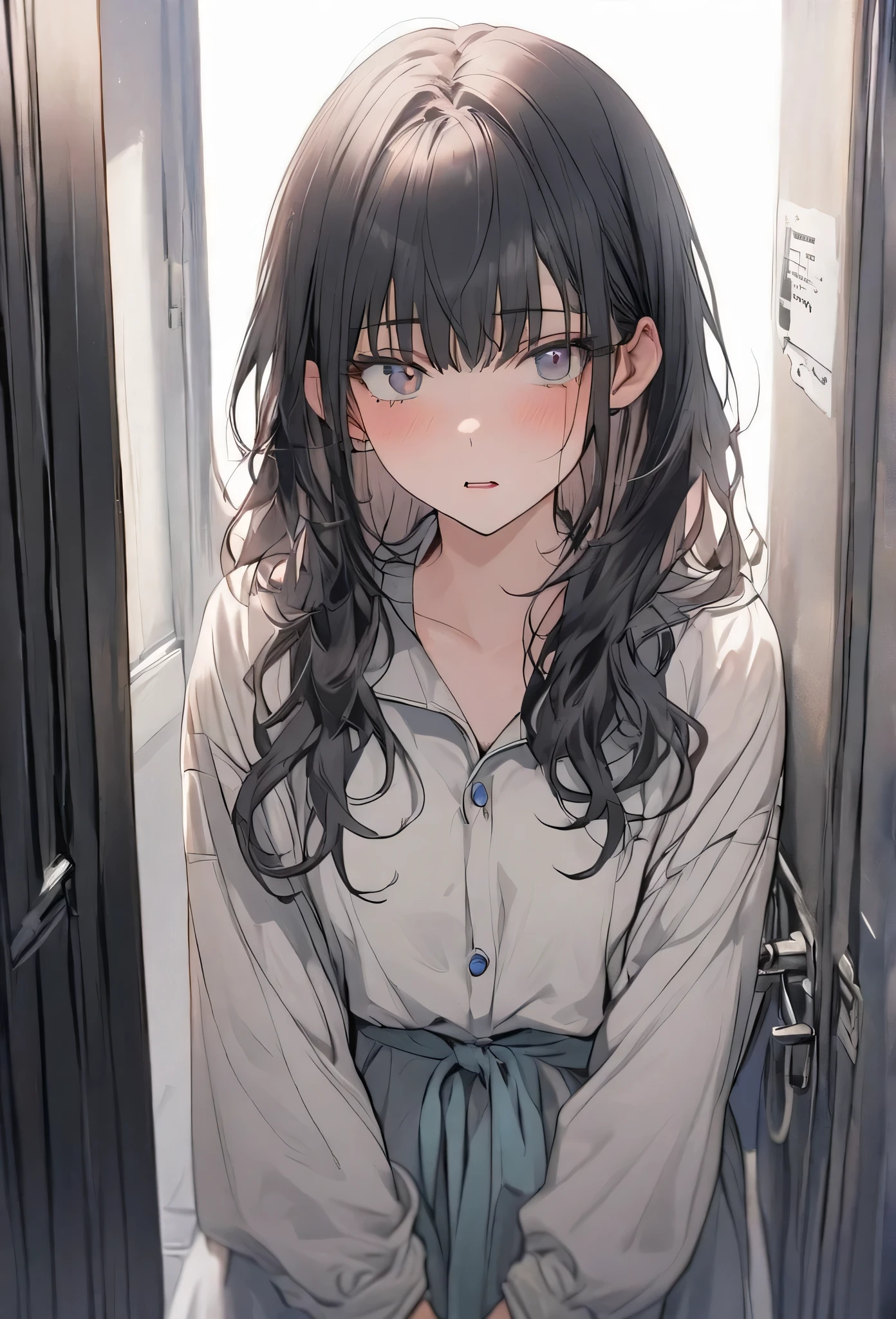 A boy had enough of this girl as he comes and pins the girl to the locker behind her, she looks at me confused and nervously