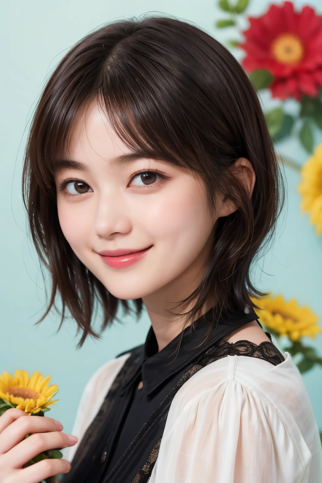 215 Short Hair, 20-year-old woman, A kind smile, Floral