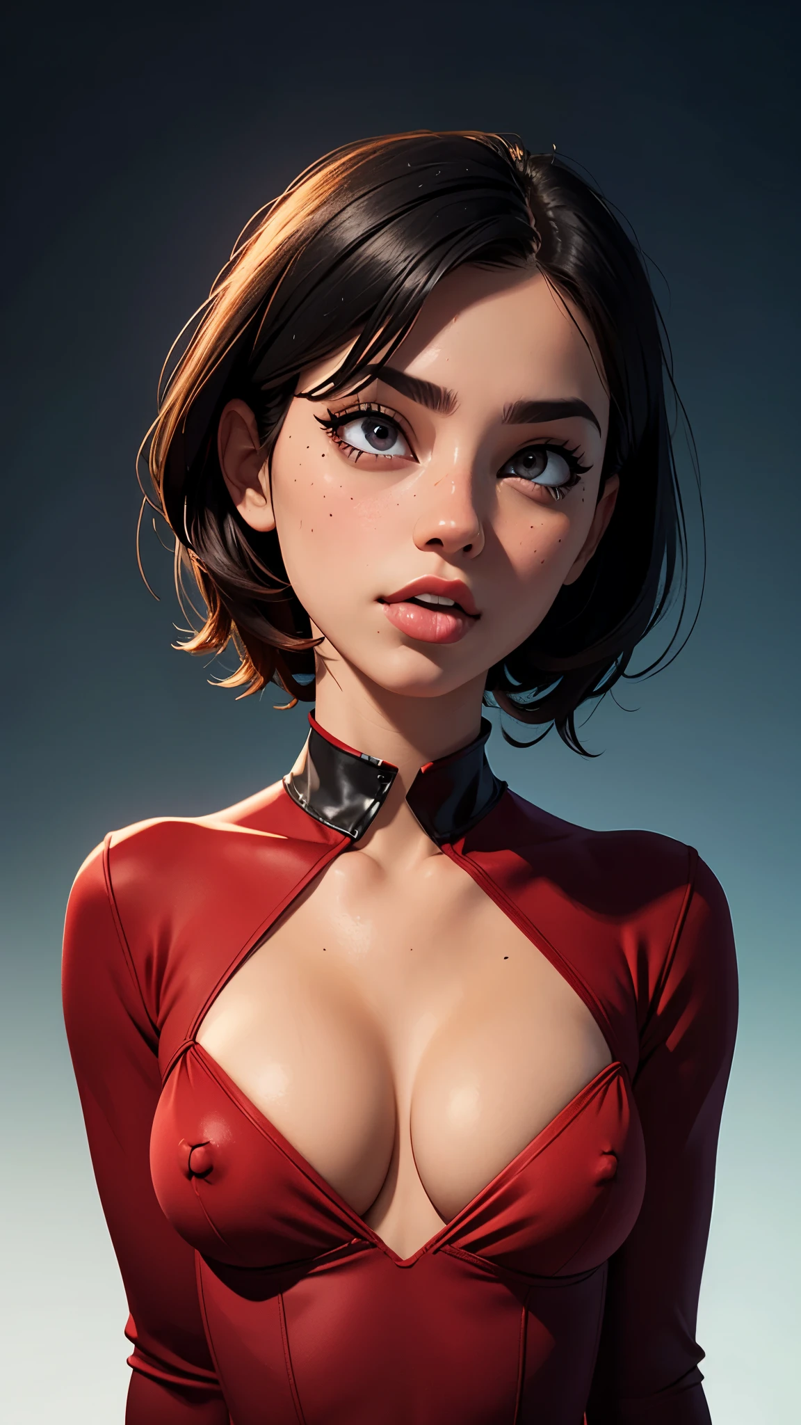 one asian girl, ada wong, solo, abs, slender body, (upper body, bust:1.2), black eyes, black hair, (red clothes, tiny breasts, small breasts, male chest, cleavage, exposed breasts, deep cleavage:1.5), bare shoulders, masterpiece, highly detailed, look at viewer, shiny blured orange background, gradient sprayed background, front view, gradient red purple background, blured background, glowing edges of image