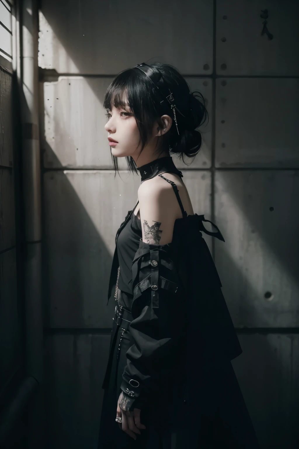 Goth Fashion, Dystopia, tokyo, minimum, harmony, tranquility, Detailed concrete wall, cinematic light, side light, 1 girl, slender, Medium Hair, diffused natural skin glow, bangs, Deep Shadow, Gothic Punk, masterpiece, highest quality, RAW Photos, sigma 50mm f1.4, candytt