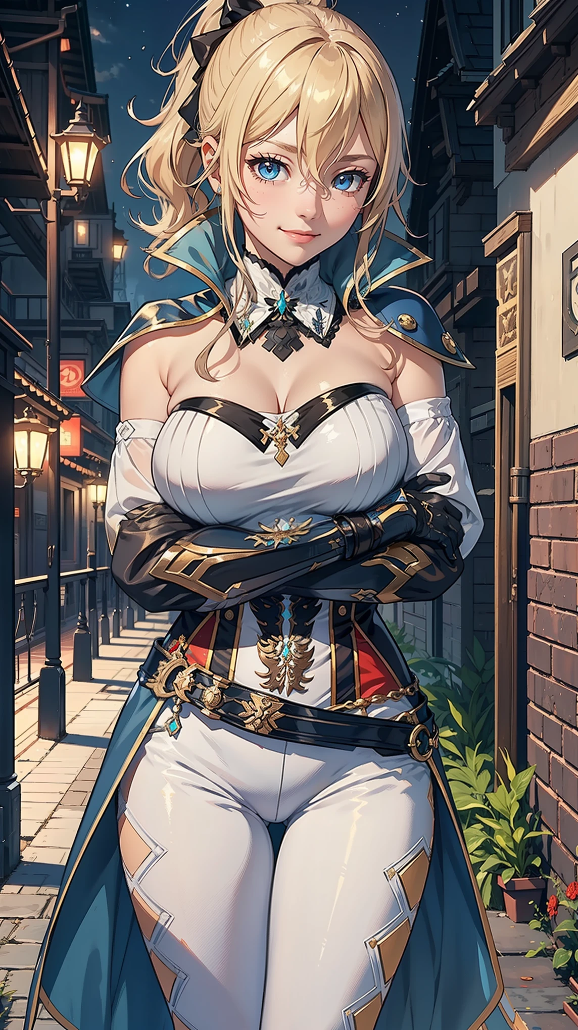 Masterpiece, ultra detail, high quality, 8k cg, gigantic breasts, jeanfavonian, night, blush, smile, bright eyes, standing, (eyes shining:1.5), detailed upper body, crossed arms,