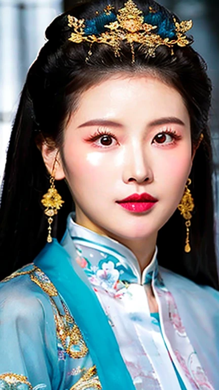 1 25 years old beautiful woman with ancient chinese hairstyle posing for a picture, So good raw photo, Beautiful long hair woman, A very beautiful woman, She is blushing and making a kissy face, Her face is turned upwards, Well-cared for beautiful long hair, 16K Ultra Realistic Portrait, Photograph from the front of her, Camera angle of view from above, Smooth long hair beautiful woman, She is slim figure top model and famous movie actress, She has a very fine and smooth skin, Breast enhancement, ((((1 Chinese woman)))), The eyebrows are raised and furrowed, She has bittersweet feeling, Glossy long hair, Super thinly opened eyes are moist and droopy, She is looking up at the viewer from below, Her thick plump and shiny lips are half-opened, Upper body photo, A person in the center left and right, The whole head is shown, She is wearing ancient chinese princess costume with intricate embroidery and ornaments, Perfect Makeup, Professional lighting like movies in royal palace drawing room