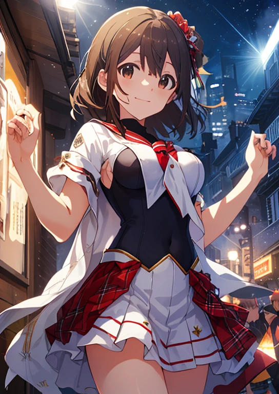 (Idol Master), (highest quality, 8k, masterpiece, Very detailed:1.4), (Lens flare, Particles of light, Shine), Big Breasts, smile, Open your mouth, masterpiece, highest quality, Very detailed, High resolution, Very detailedなCG, masterpiece, Official Art, From below, Perfect body, Red Check Skirt, Sailor suit, Night Park