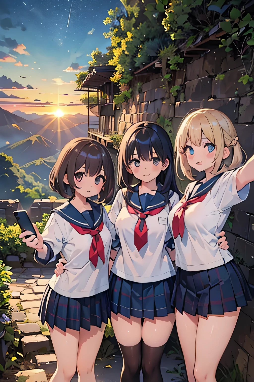 highest quality、High resolution、Detailed Background、(Beautiful face in every detail:1.4)、Anatomically correct、(Draw the usual number of fingers:1.2)、(Detailed facial expressions)、(Detailed eyes:1.2)、(Detailed eyes:1.2)、Beautiful, smooth skin、Beautiful girl in her 20s、(Huge breasts:1.3)、(Highly detailed face:1.4)、Brown Hair、Black Hair、ponytail、Bobcut、Braided long hair、Wavy Hairstyle、well-groomed eyebrows、Perfect body line、Sailor suit、light blue sailor color、Pleated skirt with tartan plaid pattern、Brightly colored school cardigans、White knee-high socks、In a joking manner、Machu Picchu Ruinysterious atmosphere、Cowboy Shot、
(Three beautiful girls standing side by side taking a selfie with big smiles:1.5)、
Lush Mountains々It is located in a beautiful location surrounded by、When the sun rises, the entire ruins shine in gold.、Clouds Mountain々The river flows through the area and envelops the ruins.、Ancient Inca stone structures come into view、
The stone steps and terraces are carefully arranged, and the higher you climb the more spectacular the views of the ruins become.、
From the top of Machu Picchu you can see a deep valley, a flowing river and a mountain range in the distance.々You can see the whole view、The lush terraces of the ruins and the sacred Inca symbols carved into the rocks blend seamlessly into nature.、At sunset, the sunlight shines on the mountain.々We will dye it.、
The orange and red lights reflect off the ruins, adding to the mysterious atmosphere.、
At night, the stars light up the ruins and the sky is filled with constellations.、
The wisdom of ancient civilizations and the mysteries of nature、Amazing beauty、people visiting々It is a place that inspires emotion and respect.、cute