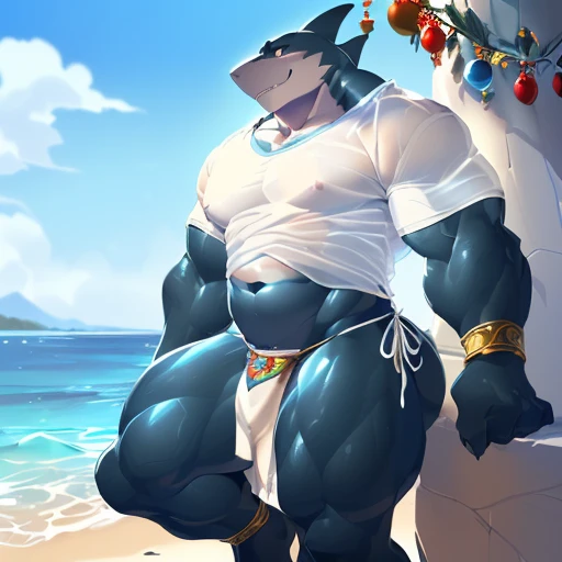 hi res,(shark, finless shark), not furry, anthro, aqua blue eyes, ((((long loincloth)))), ((((lingerie speedo, sexy bikini, side-tie panties, tiny black thong)))), ((((male, muscular, muscular anthro, muscular male, slim, Skinny)))), male, muscular, muscular anthro, muscular male, tail, outside, plant, light blue body, sea, solo, tree, (water), detailed background,by milkytiger1145,by takemoto arashi,by null-ghost, cold atmosphere, open smile, soft blue blush, single fin, ((((((((wearing white tshirts)))))))), ((((((muscular thighs, thick thighs, thick calves, wide hips, wide pelvis, curvy figure, voluptuous figure, both feet are close together., \hourglass \figure, f\emb\oy body, female body)))))), (((((golden accessory, loincloth accessory, loincloth jewelry, jewels and ornaments for loincloth, sexy loincloth, belly dancer outfit, long pelvic curtain, narrow loincloth))))),