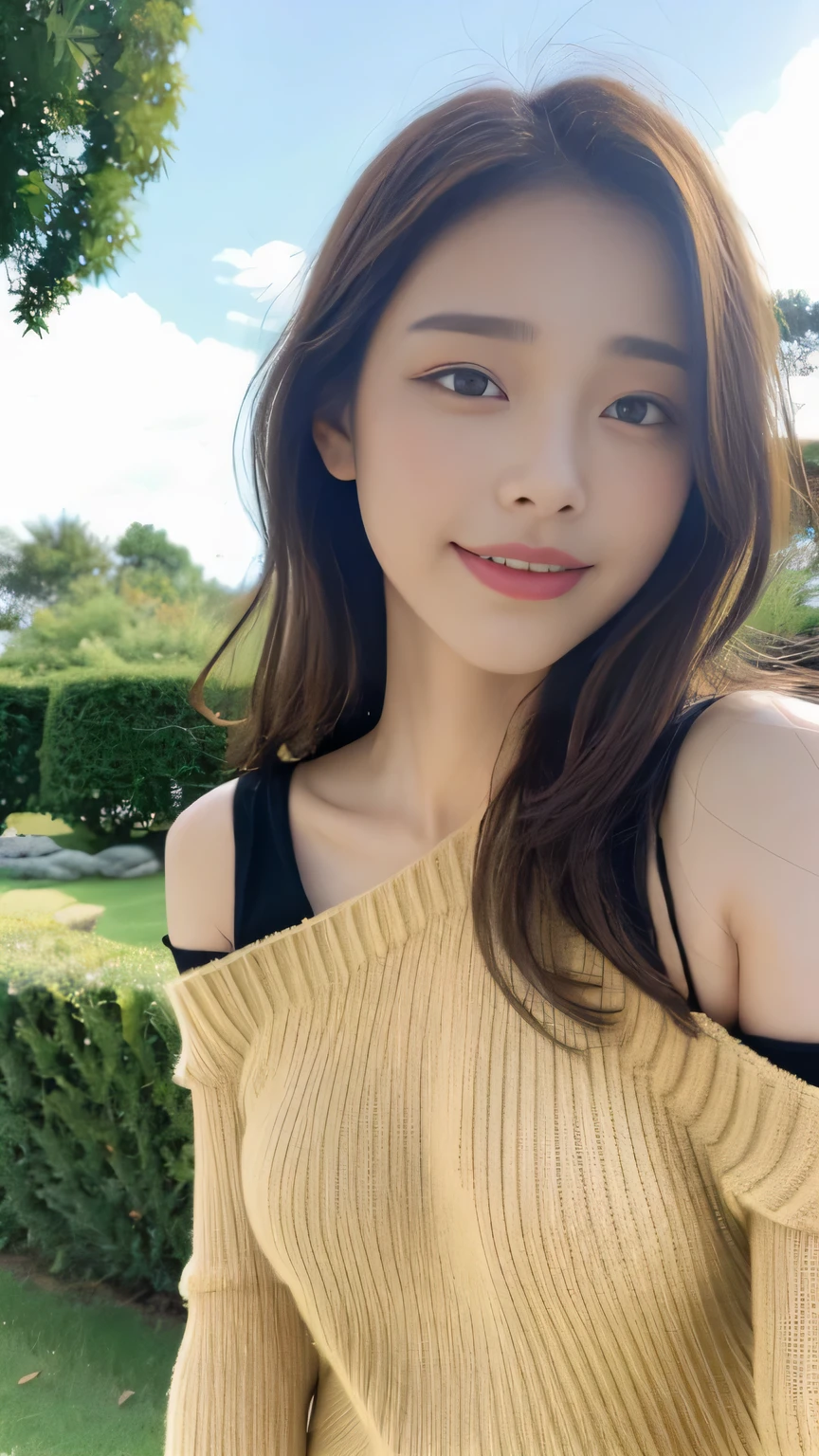 ((highest quality, 8K, masterpiece:1.3)), concentrated:1.2, Perfect body beauty:1.4, Hips:1.2, ((Delicate Hair)), (Colorful Solid Cold Shoulder Oversized Sweater、 :1.1) , ((highest quality、8K、masterpiece:1.3))、1 Girl、A sloppy smile、Esbian all over、Slim face、Big 、Beautiful woman、(Dark Brown Hair)、、1.1、Flickering Valley、Detailed eyes、double eyelid、Blurred Background、超Slim face、Looking down、garden、