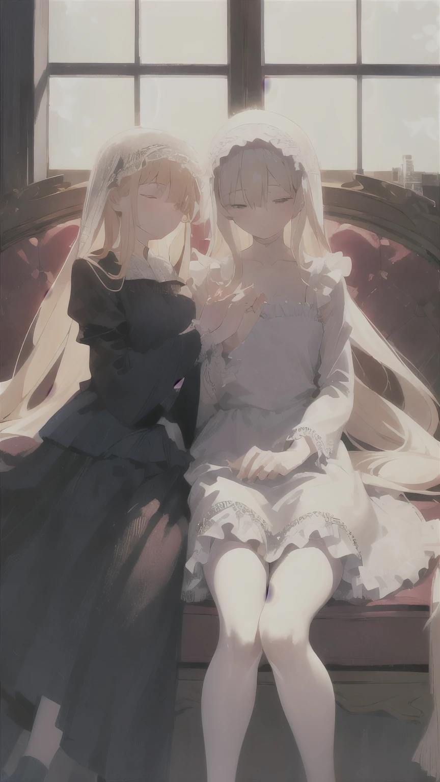 yuri。Two Girls。Platinum blonde long hair。Gorgeous maid costume with frills。The two of them are sleeping side by side on the sofa。Holding hands。The background is an antique interior with soft sunlight streaming in.。