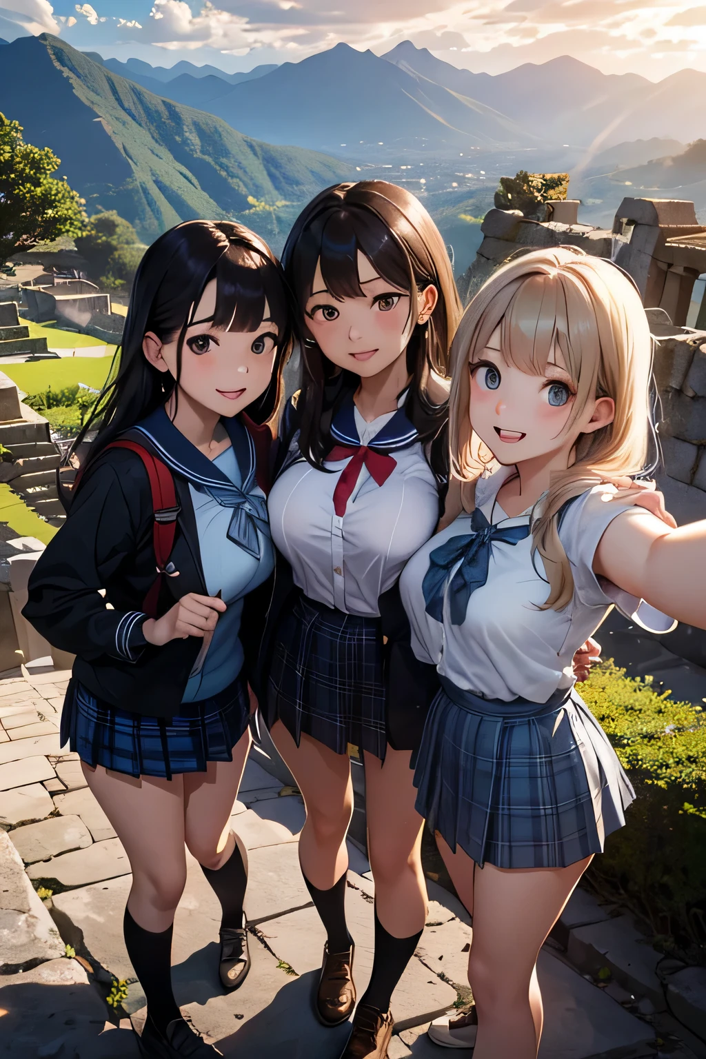 highest quality、High resolution、Detailed Background、(Beautiful face in every detail:1.4)、Anatomically correct、(Draw the usual number of fingers:1.2)、(Detailed facial expressions)、(Detailed eyes:1.2)、(Detailed eyes:1.2)、Beautiful, smooth skin、Beautiful girl in her 20s、(Huge breasts:1.3)、(Highly detailed face:1.4)、Brown Hair、Black Hair、ponytail、Bobcut、Braided long hair、Wavy Hairstyle、well-groomed eyebrows、Perfect body line、Sailor suit、light blue sailor color、Pleated skirt with tartan plaid pattern、Brightly colored school cardigans、White knee-high socks、In a joking manner、Machu Picchu Ruinysterious atmosphere、Cowboy Shot、
(Three beautiful girls standing side by side taking a selfie with big smiles:1.5)、
Lush Mountains々It is located in a beautiful location surrounded by、When the sun rises, the entire ruins shine in gold.、Clouds Mountain々The river flows through the area and envelops the ruins.、Ancient Inca stone structures come into view、
The stone steps and terraces are carefully arranged, and the higher you climb the more spectacular the views of the ruins become.、
From the top of Machu Picchu you can see a deep valley, a flowing river and a mountain range in the distance.々You can see the whole view、The lush terraces of the ruins and the sacred Inca symbols carved into the rocks blend seamlessly into nature.、At sunset, the sunlight shines on the mountain.々We will dye it.、
The orange and red lights reflect off the ruins, adding to the mysterious atmosphere.、
At night, the stars light up the ruins and the sky is filled with constellations.、
The wisdom of ancient civilizations and the mysteries of nature、Amazing beauty、people visiting々It is a place that inspires emotion and respect.、cute