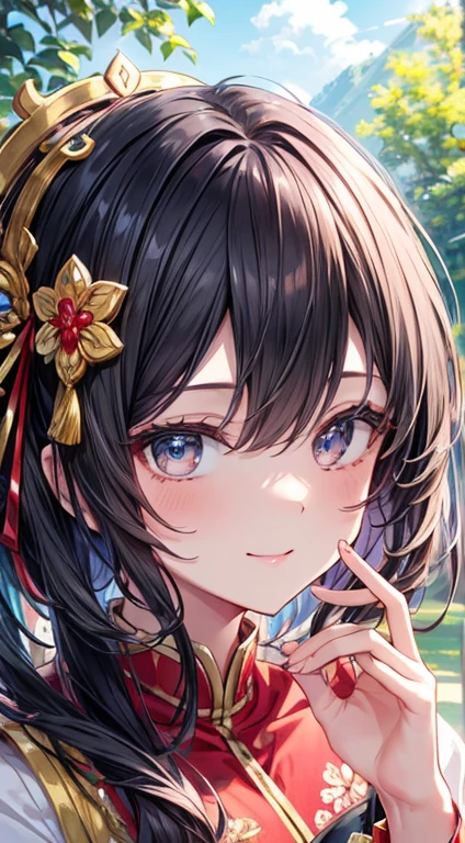 masterpiece、hight resolution、best qualtiy、ultra-detailliert、A detailed face、(A detailed eye)、 cute girl、Bhutanese Royalty Attire,smile,high quality,beautiful fingers,beautiful hands,fingertip,beautiful nature
